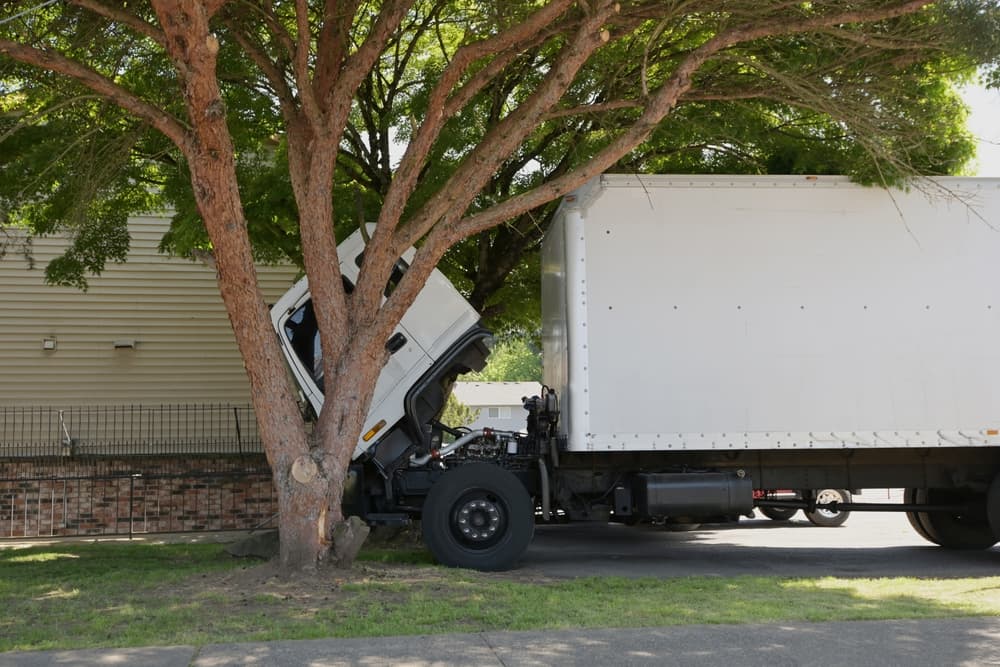 A semi-truck collides head-on with a tree, illustrating the impact of big rig accidents.