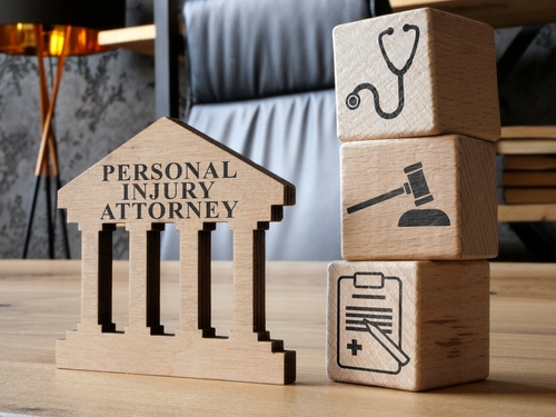 Wooden blocks featuring a courthouse symbol labeled "Personal Injury Attorney," alongside icons of a stethoscope, gavel, and medical document, representing legal and medical aspects of personal injury cases.