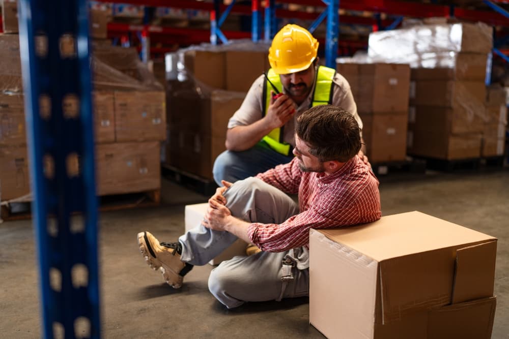 Warehouse worker injured on the floor while a coworker calls for help on a phone.