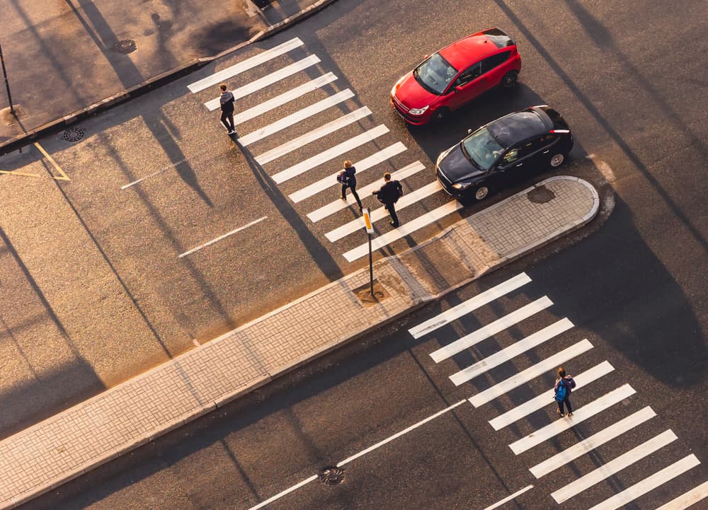 Overhead view of a pedestrian crosswalk.