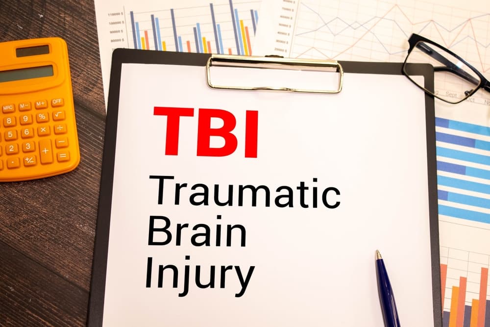 TBI (Traumatic Brain Injury) concept symbolized by the words "TBI Traumatic Brain Injury" written on a white note placed over a background of dollar bills.