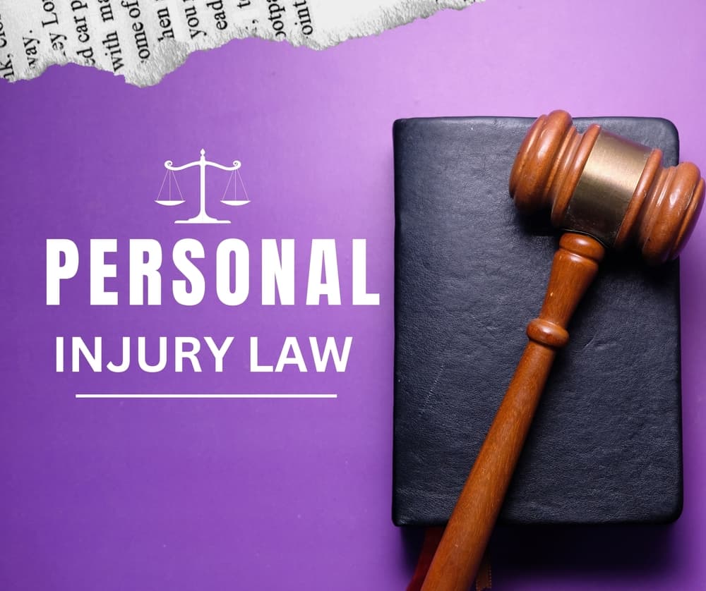 A gavel and scales of justice set against a purple background with the text "Personal Injury Law." Ideal for law firms, lawyers, and legal professionals.