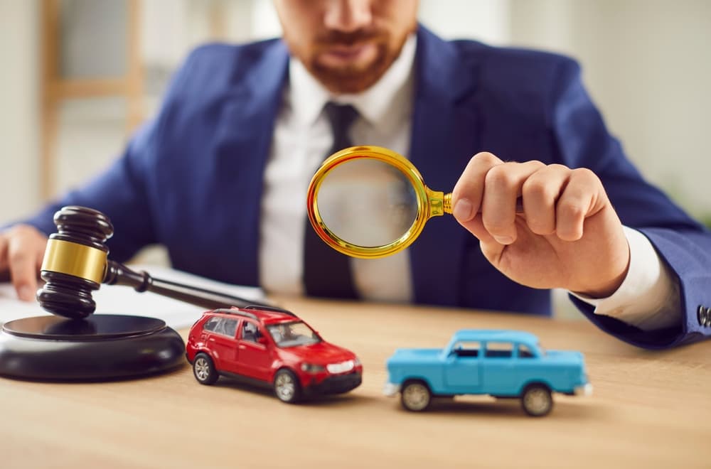 A car accident lawyer's study features toy cars depicting crash scenes, a gavel, and documents outlining injury claims, disability, and financial compensation for victims. 