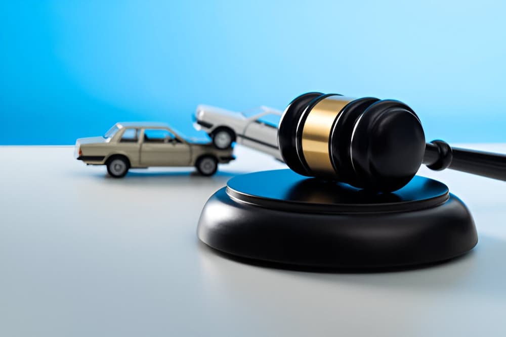 A gavel and a model car placed on the table, symbolizing the connection between legal proceedings and car accident cases.